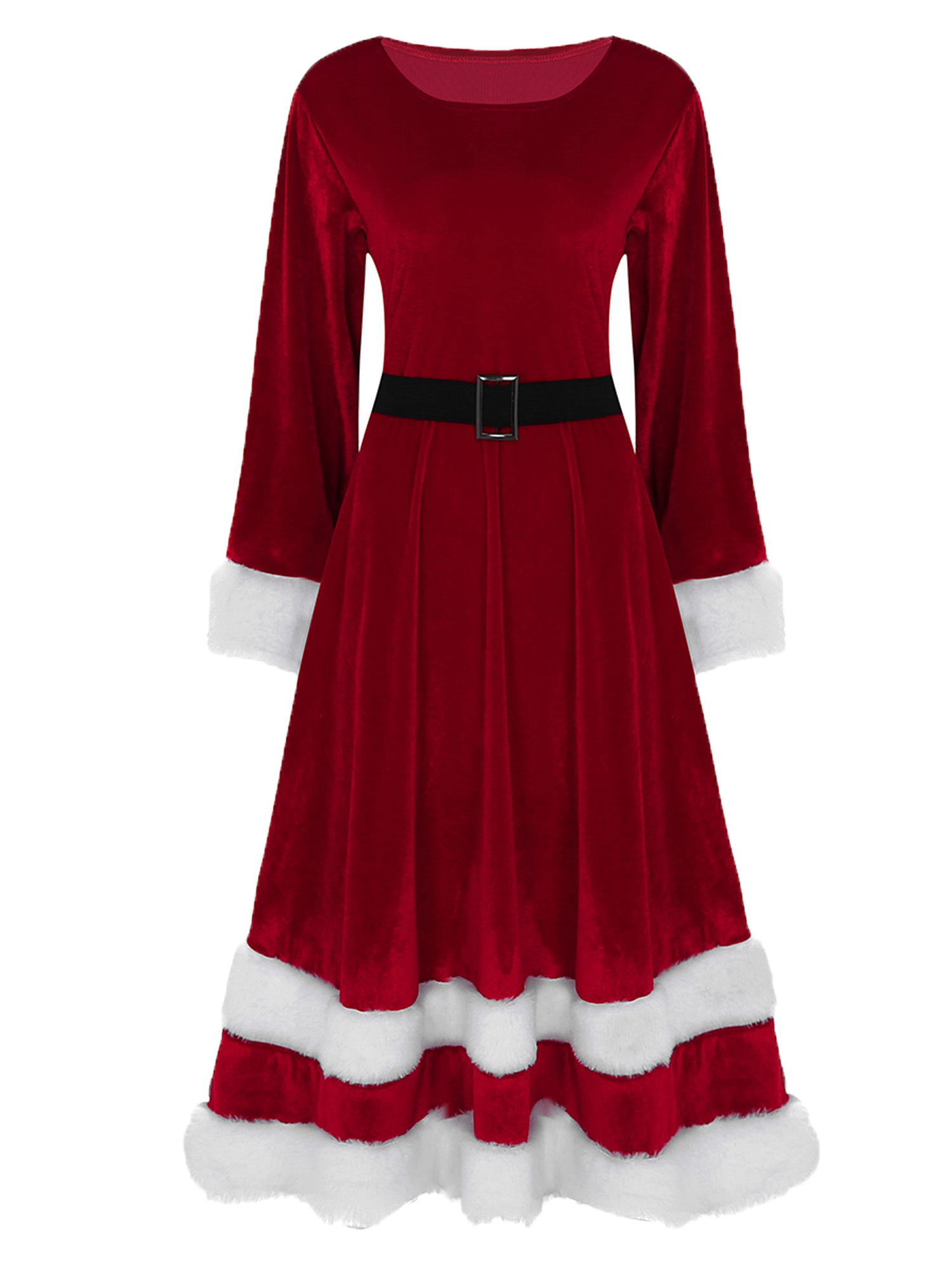 ZDHoor Women's Velvet Long Sleeve Xmas Mrs Santa Claus Costume Christmas Fancy Dress Outfits Red M